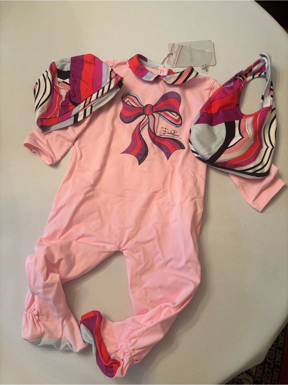 Emilio Pucci Pink Bow Print Baby One-Piece with Matching Accessories